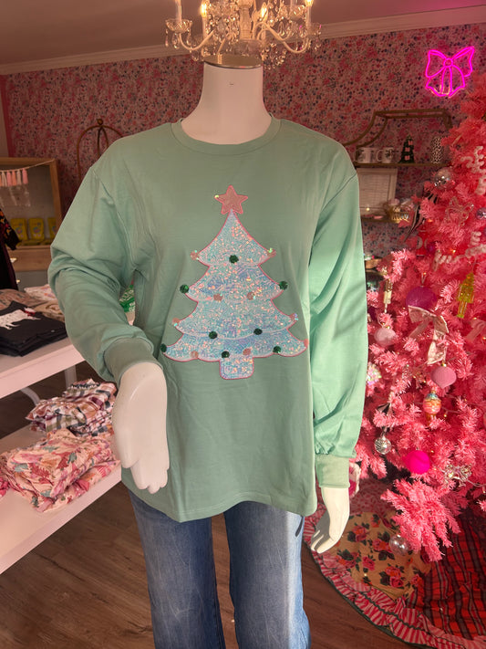 Sequin Tree Patch On Mint Sweatshirt PP093