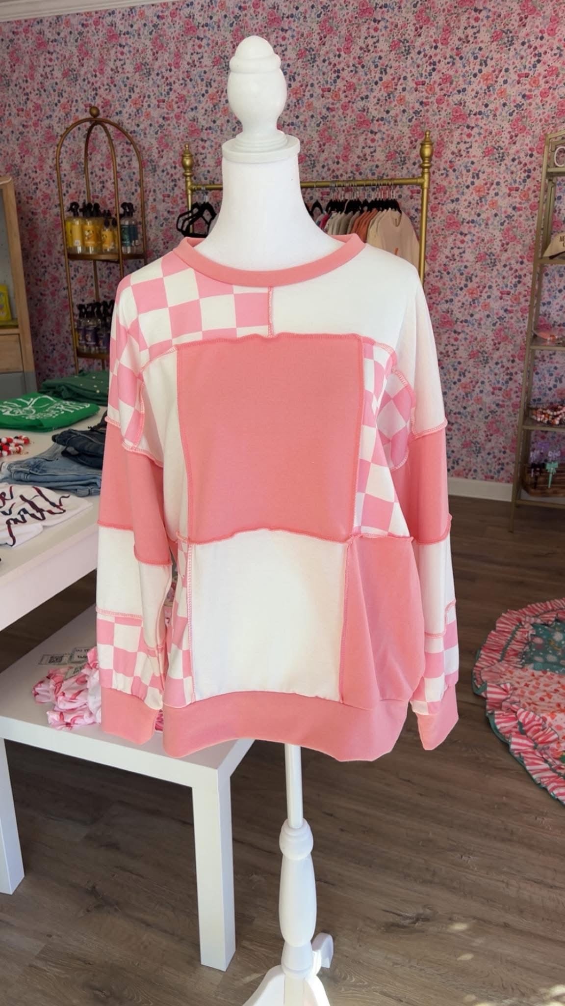 Checkered Print Patchwork Pullover Top PP114