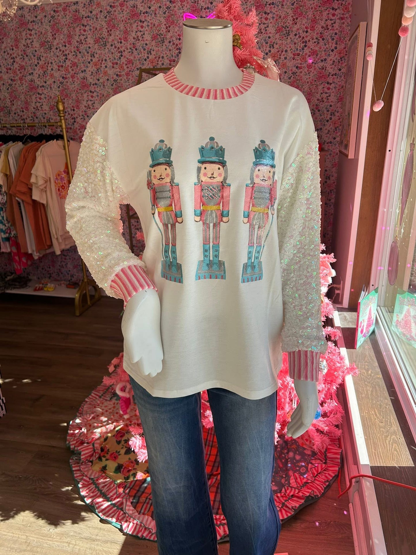Glitter Nutcrackers on White Top with Sequin Sleeves PP116