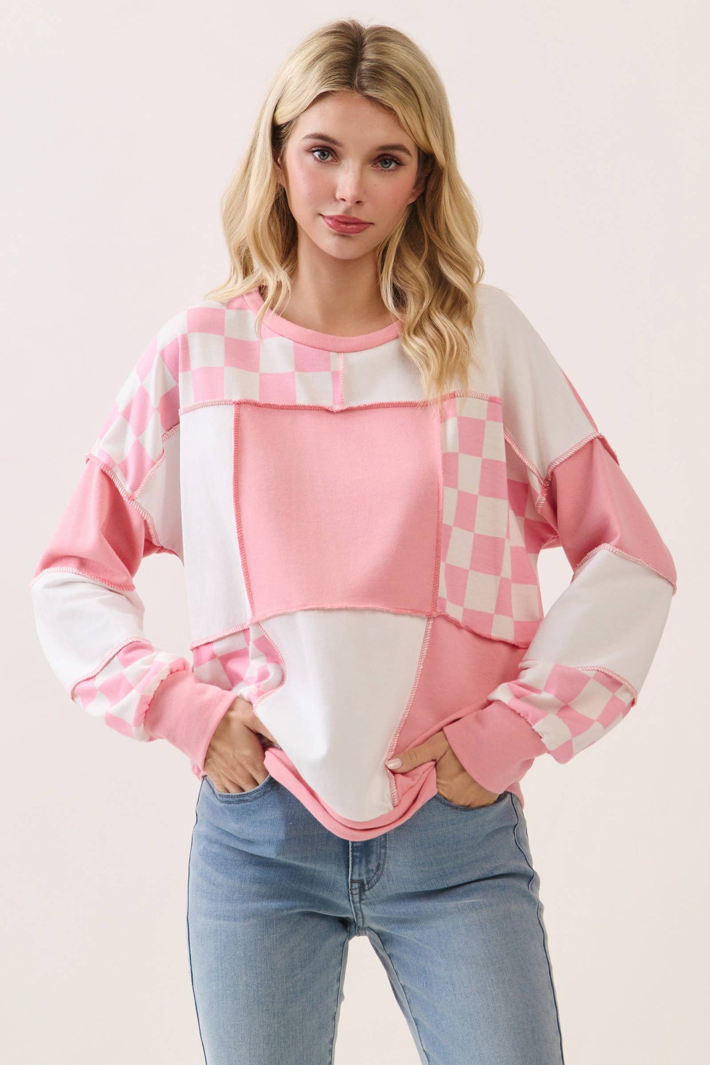 Checkered Print Patchwork Pullover Top PP114