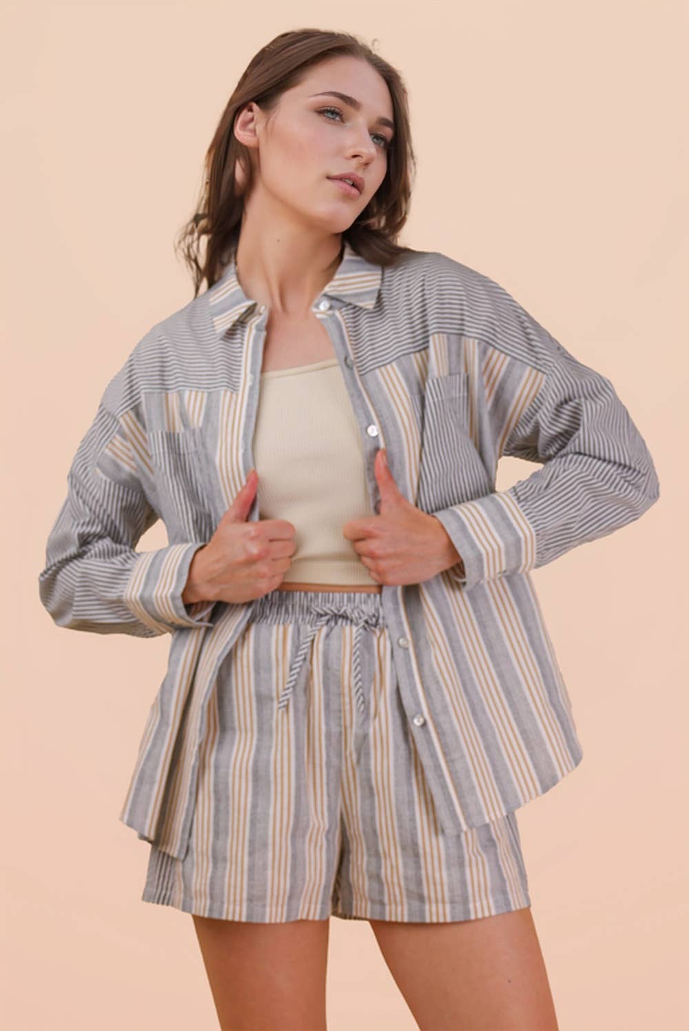 NT12497SET-Stripe Woven Shirt Top & Shorts Set