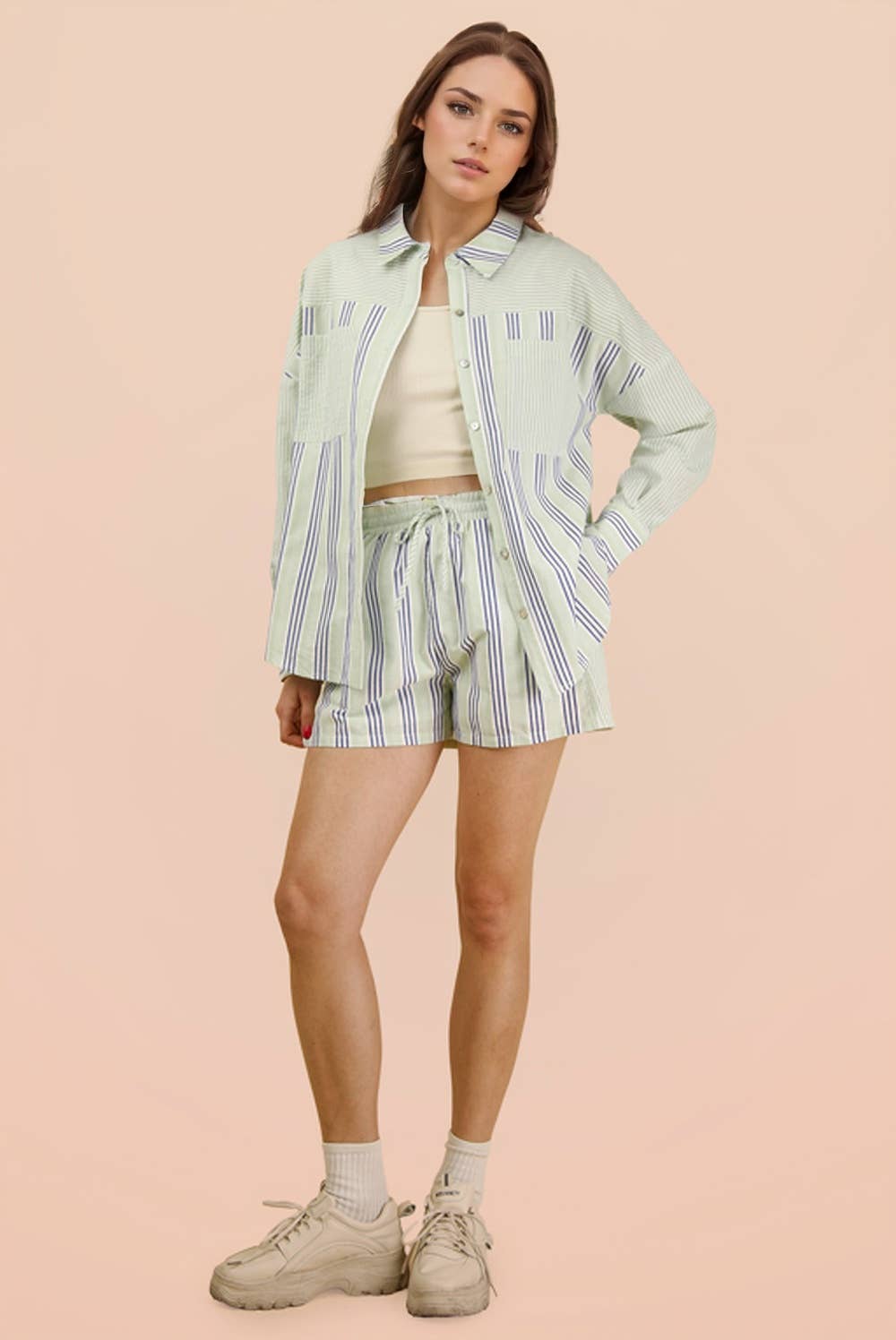NT12497SET-Stripe Woven Shirt Top & Shorts Set