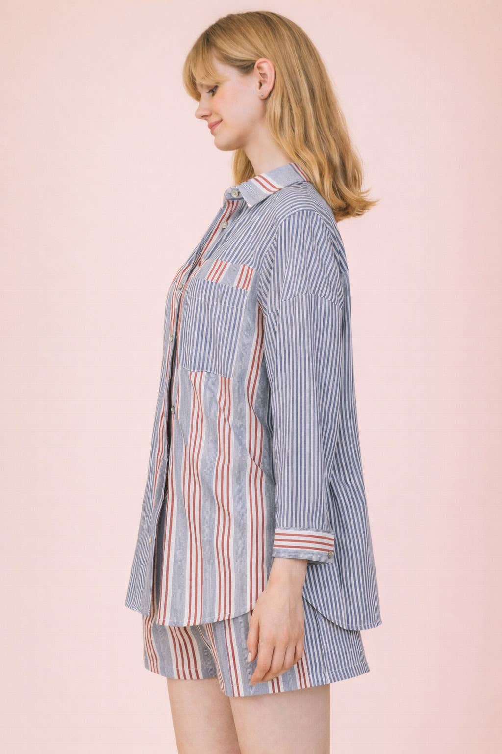 NT12497SET-Stripe Woven Shirt Top & Shorts Set
