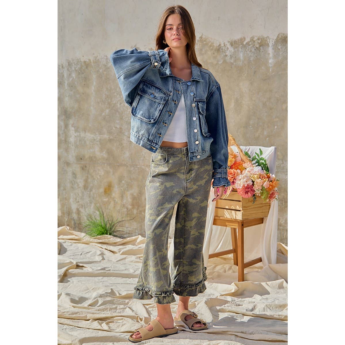 Camouflage Denim Ruffled Hem Mid Rise Bloomer Pants PP175