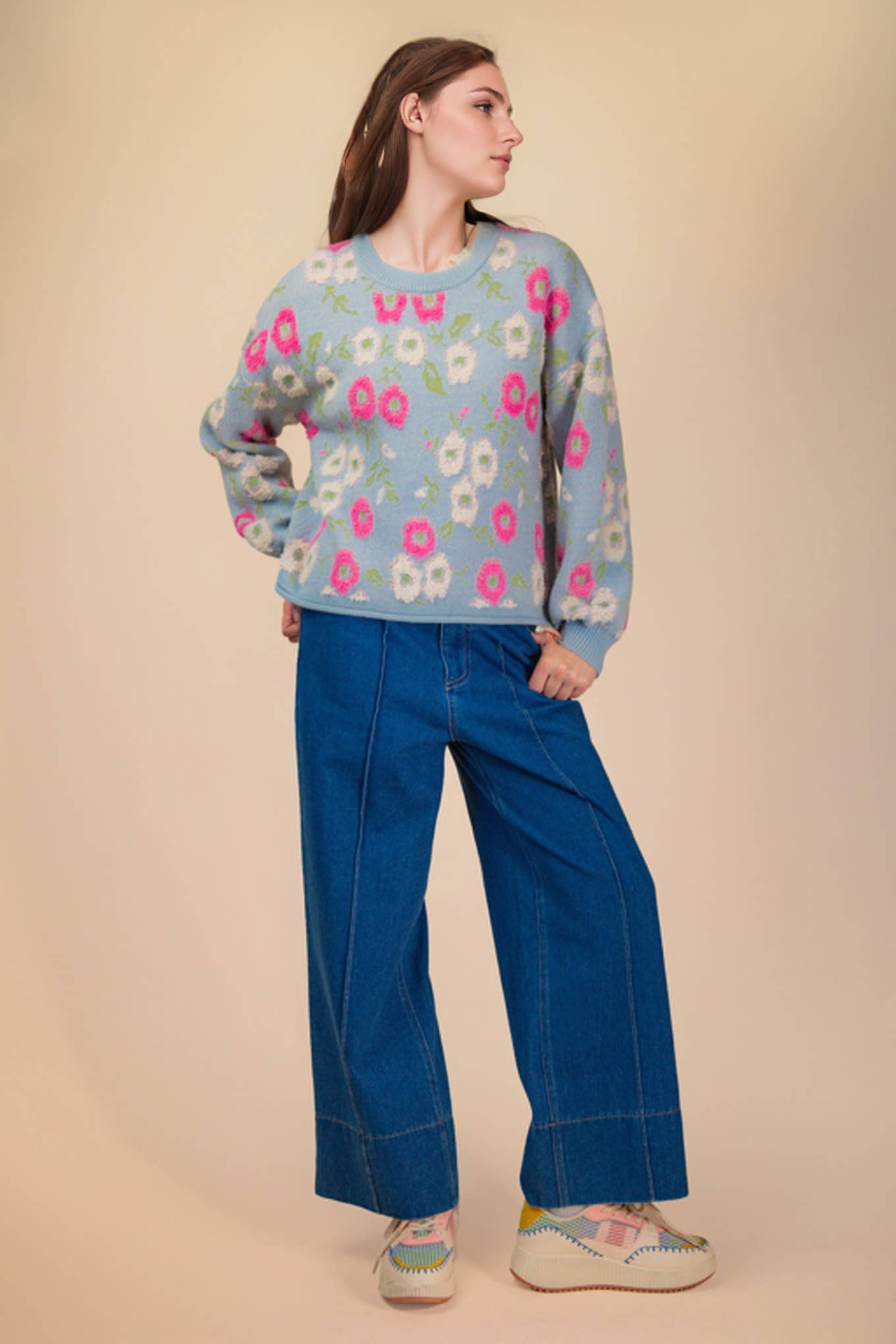 Oversized Floral Textured Printed Knit Sweater Top PP126