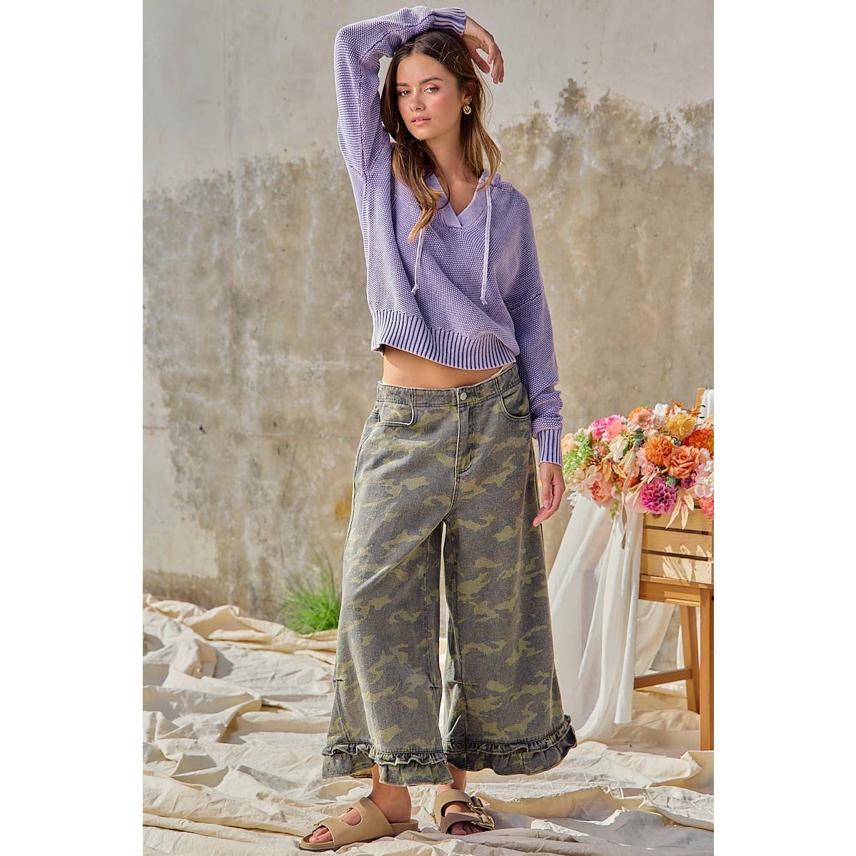 Camouflage Denim Ruffled Hem Mid Rise Bloomer Pants PP175
