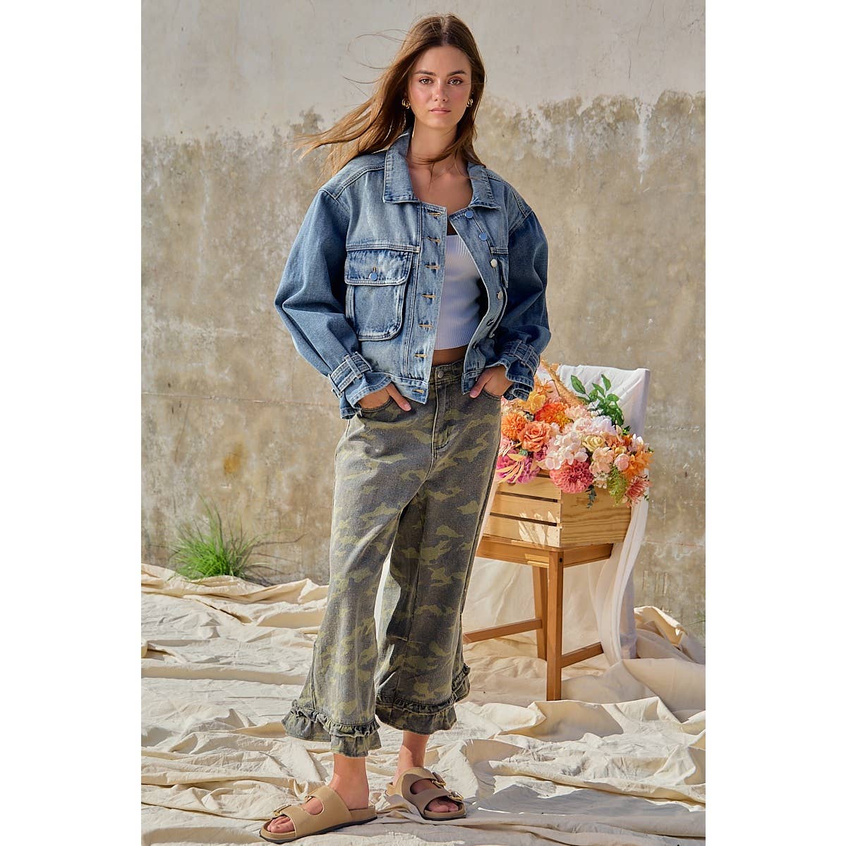 Camouflage Denim Ruffled Hem Mid Rise Bloomer Pants PP175