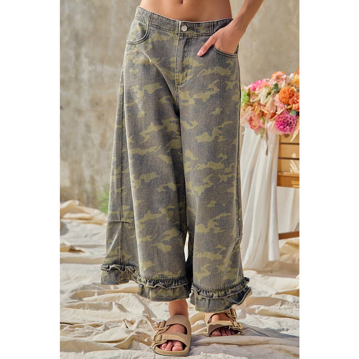 Camouflage Denim Ruffled Hem Mid Rise Bloomer Pants PP175