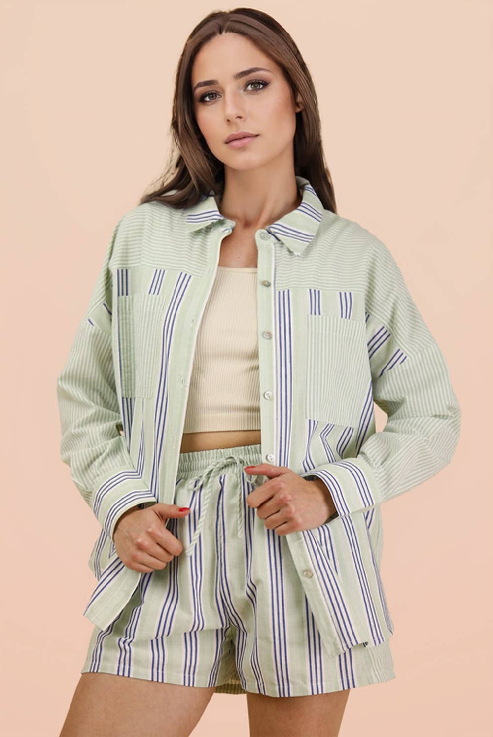 NT12497SET-Stripe Woven Shirt Top & Shorts Set