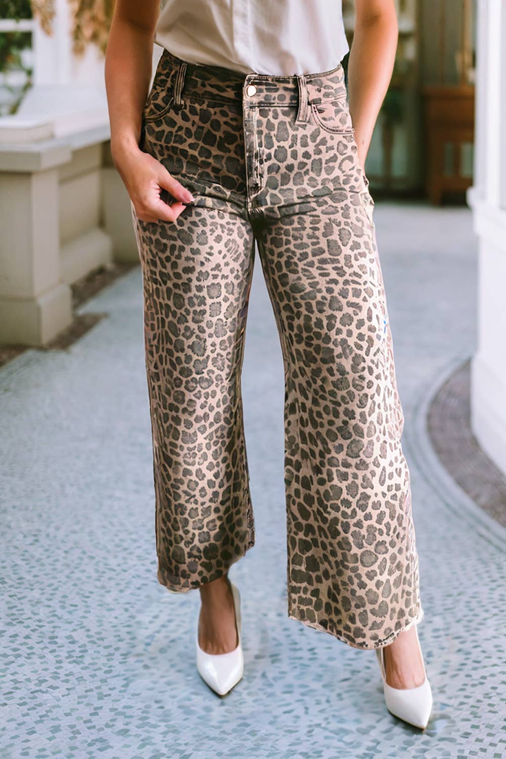Spring Leopard Frayed Edge Wide Leg High Waist Jeans PP124