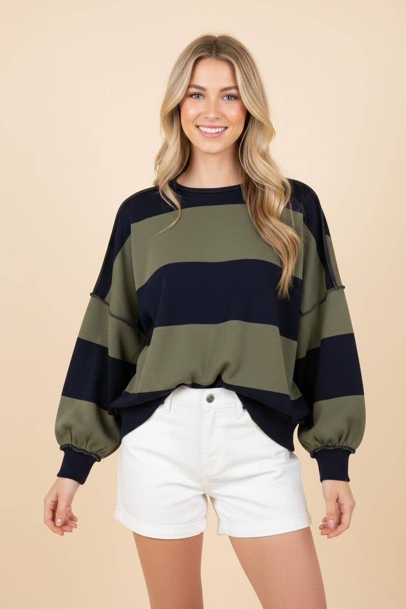 Striped Drop Shoulder Crewneck Sweatshirt pp184