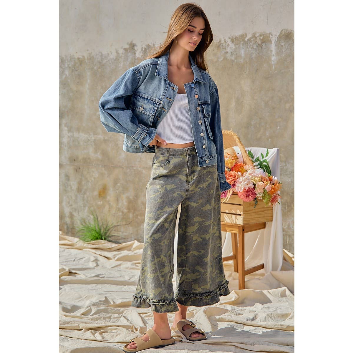 Camouflage Denim Ruffled Hem Mid Rise Bloomer Pants PP175