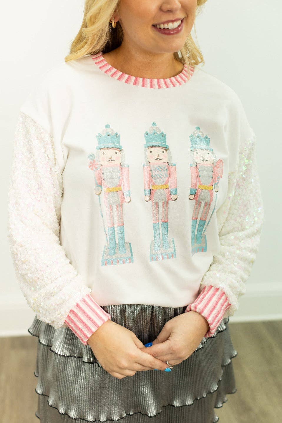Glitter Nutcrackers on White Top with Sequin Sleeves PP116