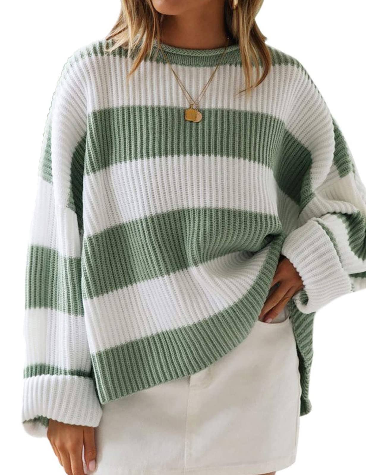 Crew-Neck Long Sleeve Color Striped Sweater PP118