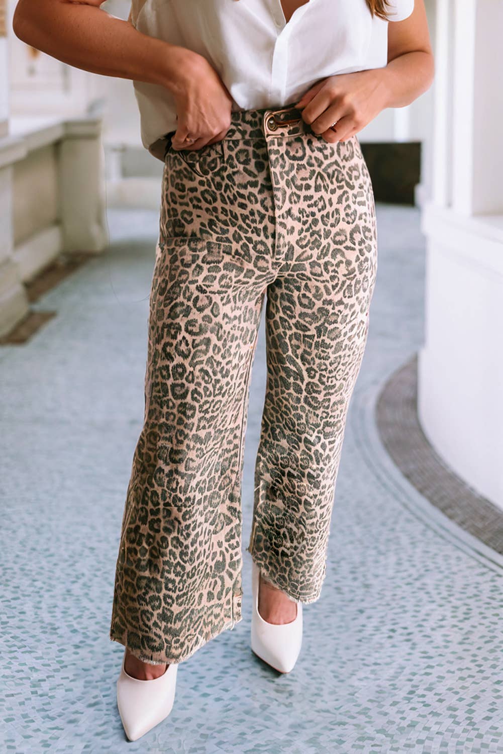 Spring Leopard Frayed Edge Wide Leg High Waist Jeans PP124