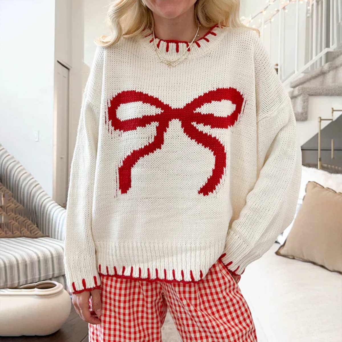Laid-back Style Knitted Bow Jacquard Sweater PP117