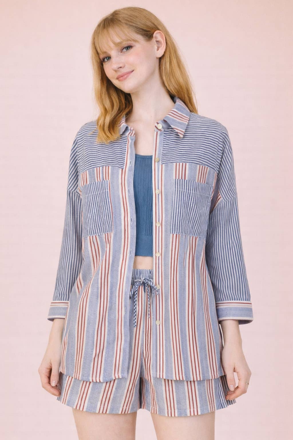 NT12497SET-Stripe Woven Shirt Top & Shorts Set