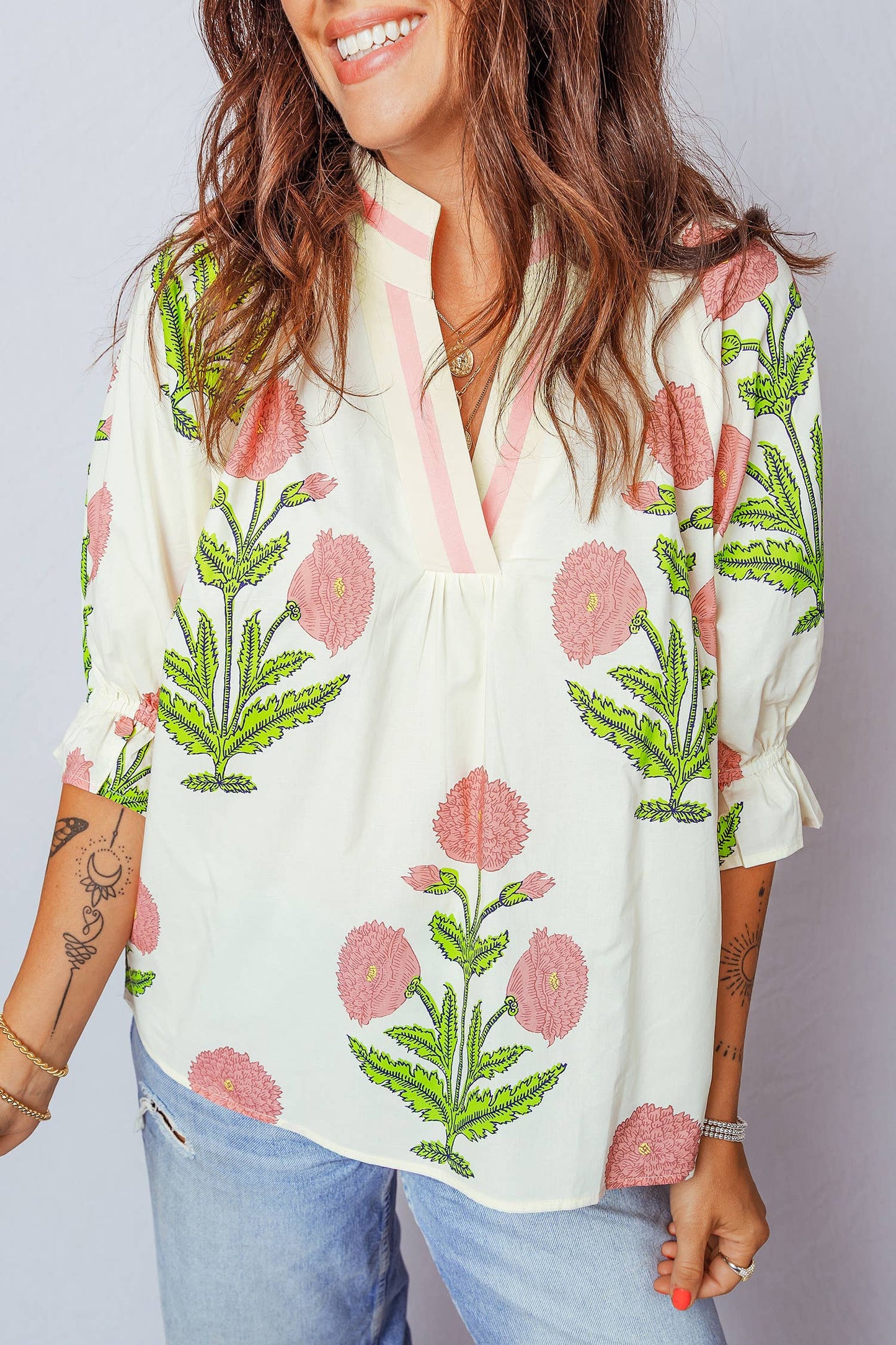 Wild Flower Print V Neck 3/4 Sleeve Blouse PP147