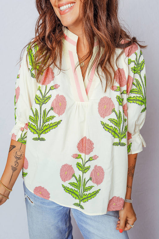 Wild Flower Print V Neck 3/4 Sleeve Blouse PP147