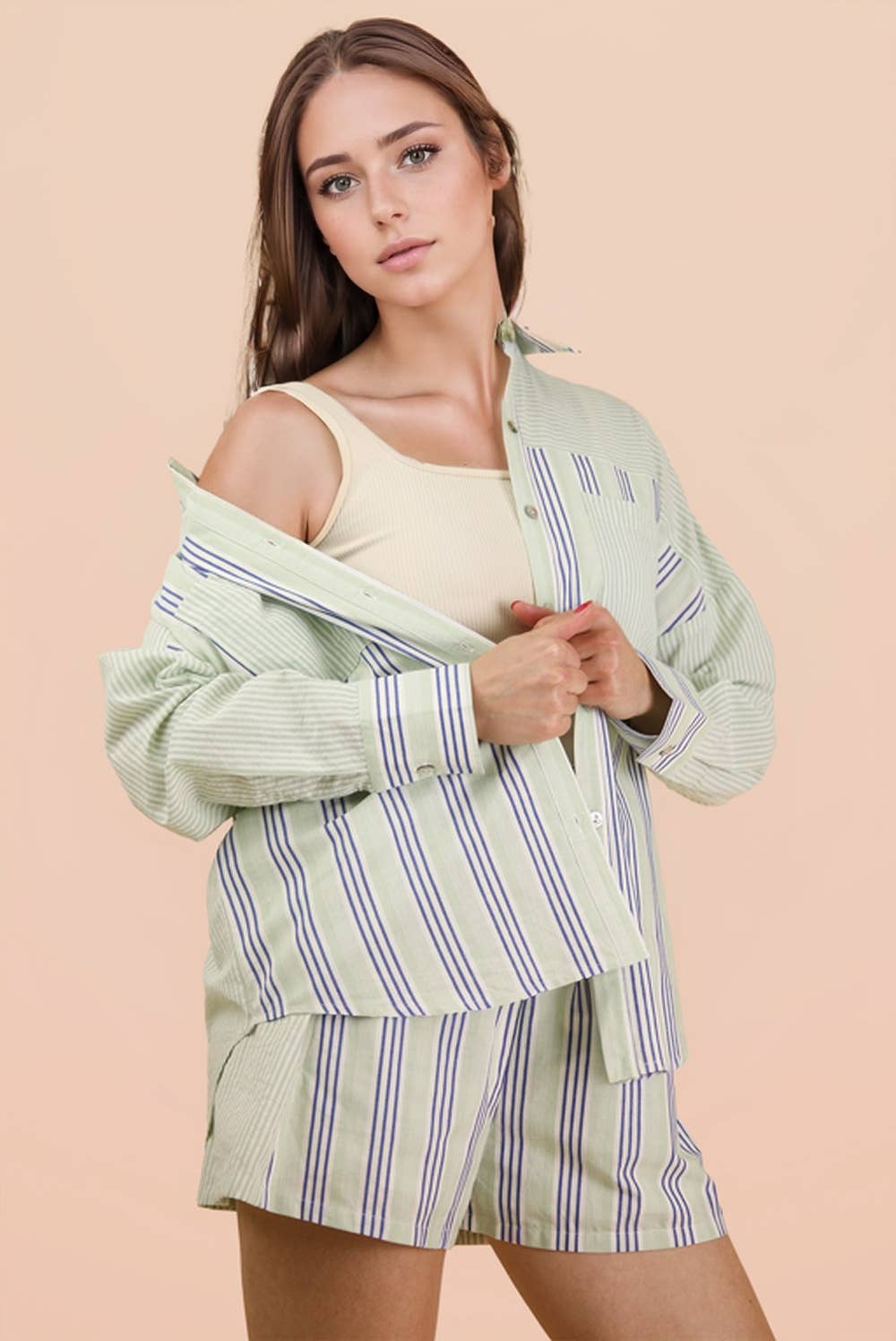 NT12497SET-Stripe Woven Shirt Top & Shorts Set