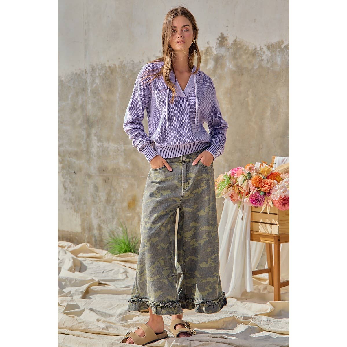 Camouflage Denim Ruffled Hem Mid Rise Bloomer Pants PP175