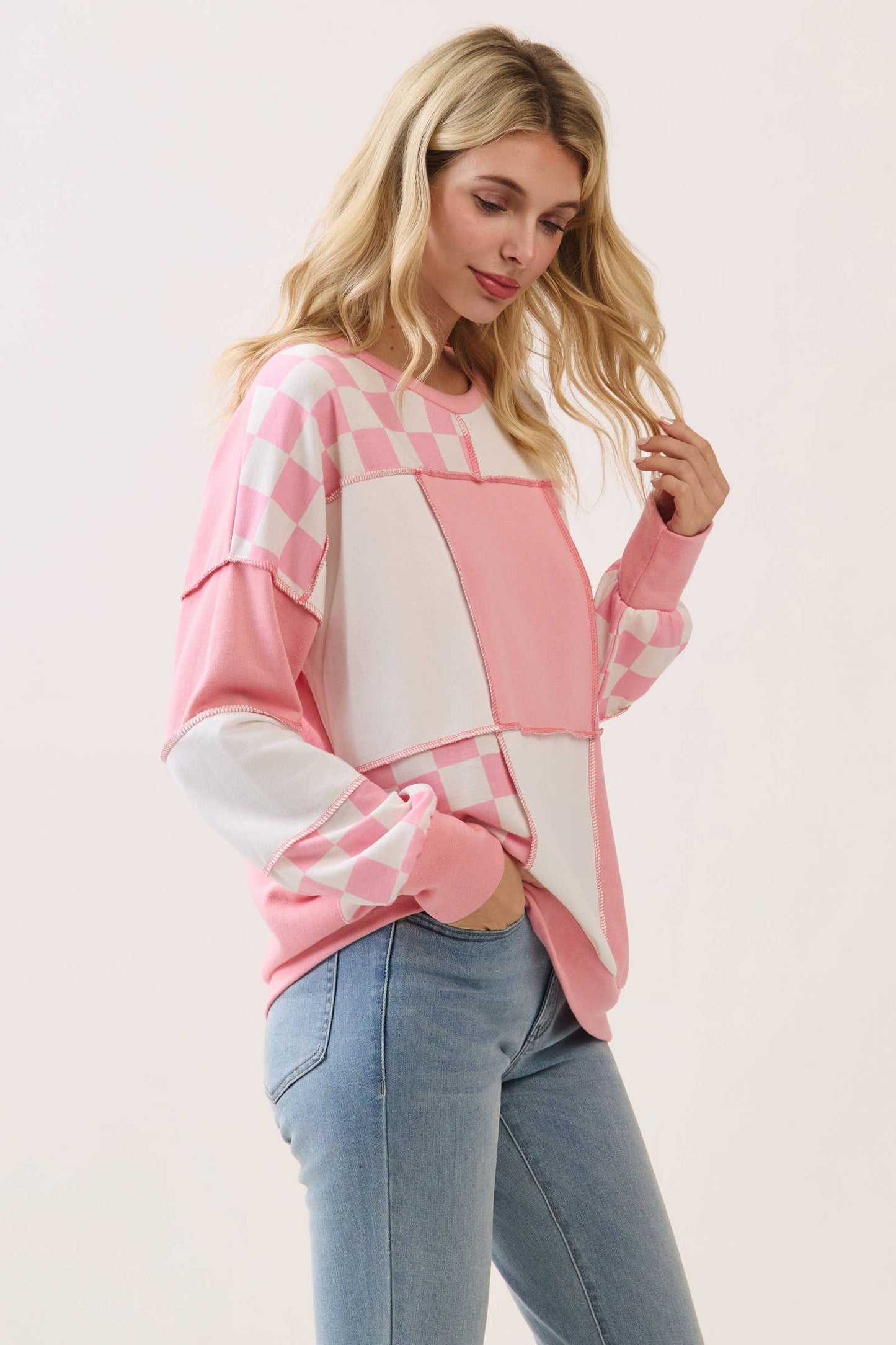 Checkered Print Patchwork Pullover Top PP114