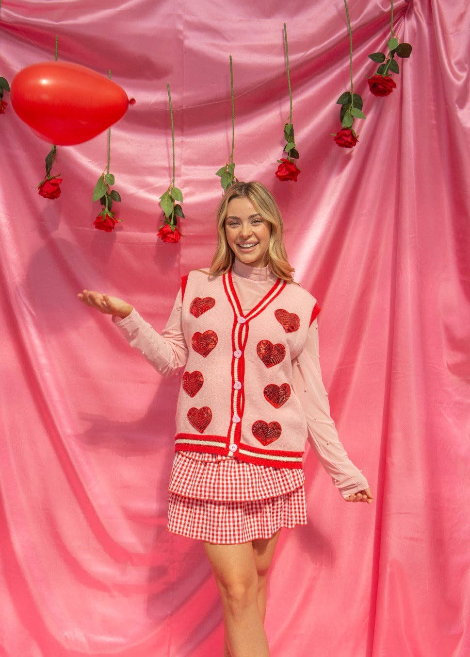 Sequin Hearts on Pink Sweater Vest PP118
