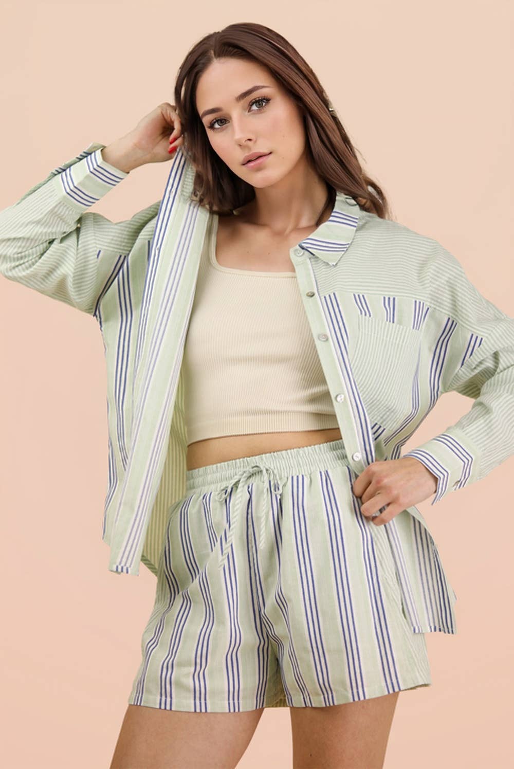 NT12497SET-Stripe Woven Shirt Top & Shorts Set