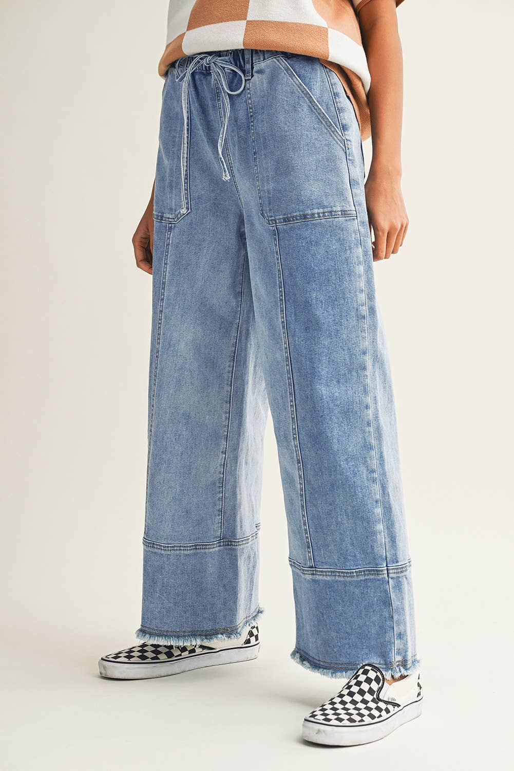 Drawstring Seam Detail Raw Hem Wide Leg Denim Pants PP176