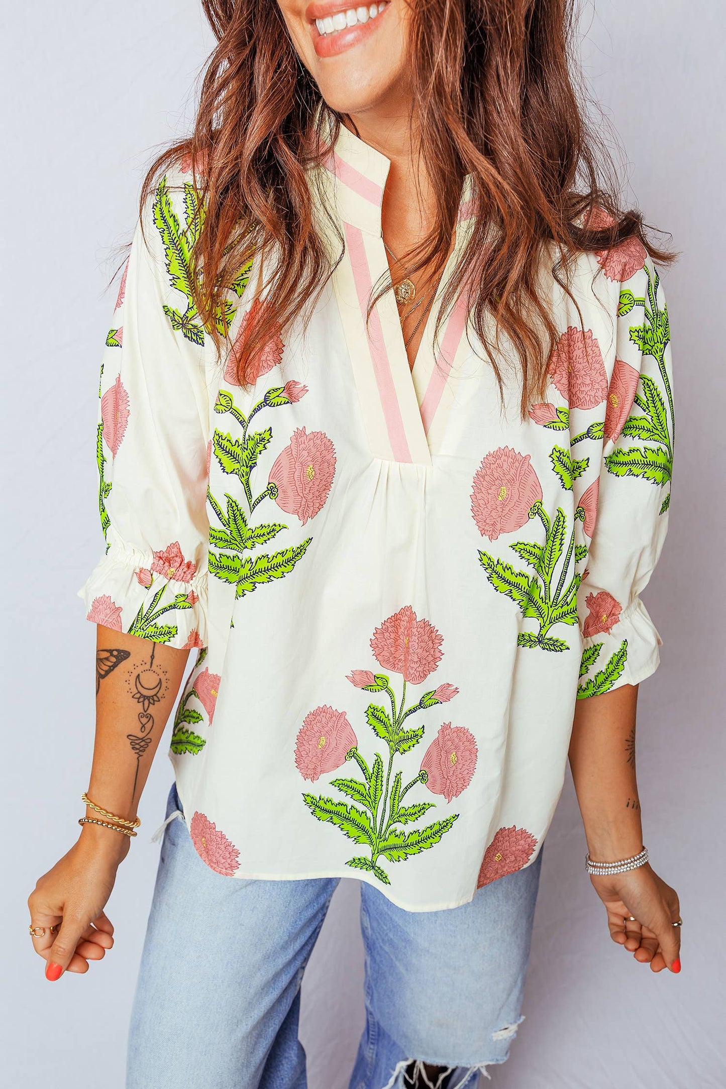 Wild Flower Print V Neck 3/4 Sleeve Blouse PP147