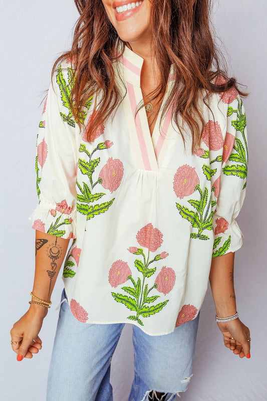 Wild Flower Print V Neck 3/4 Sleeve Blouse PP147