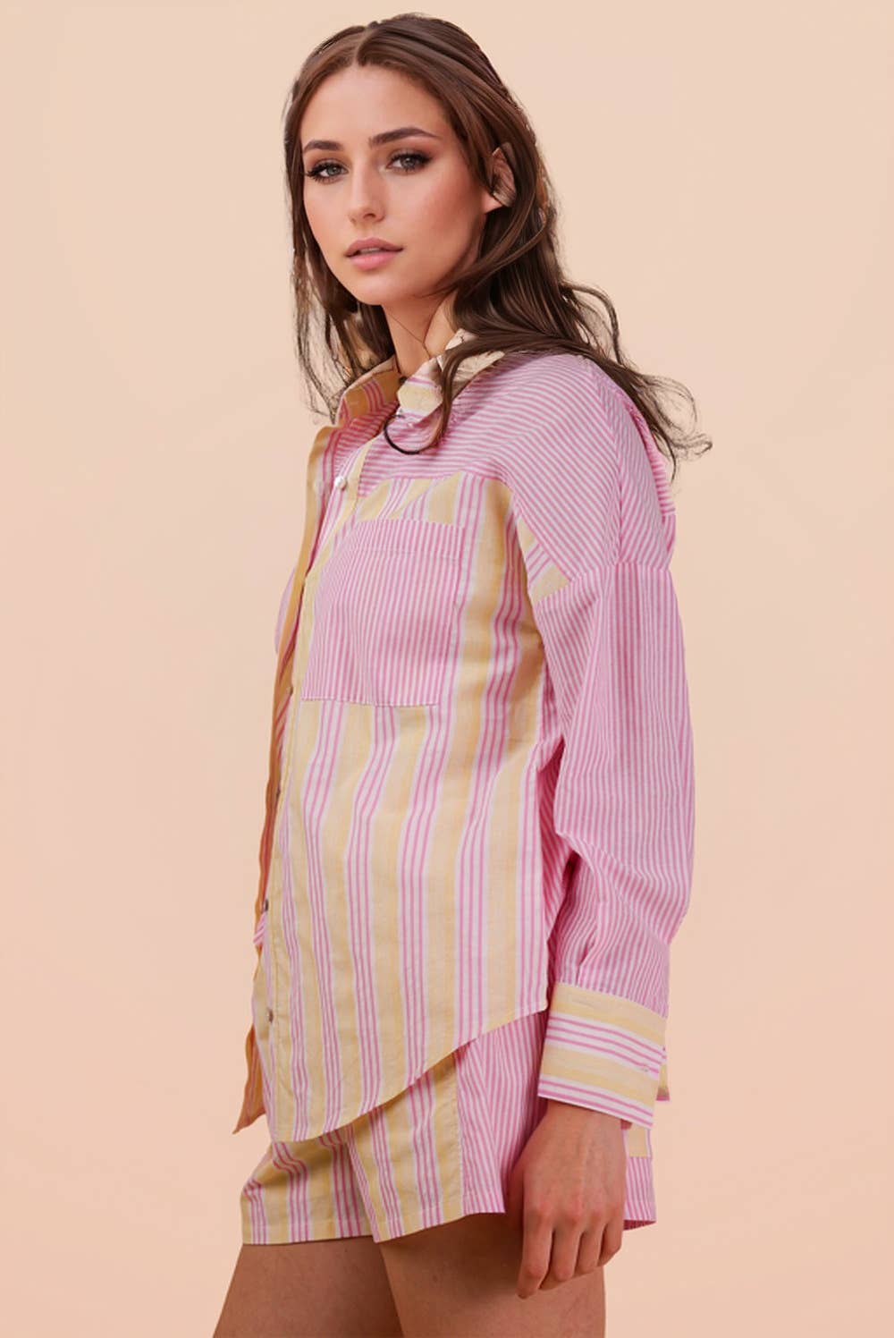 NT12497SET-Stripe Woven Shirt Top & Shorts Set